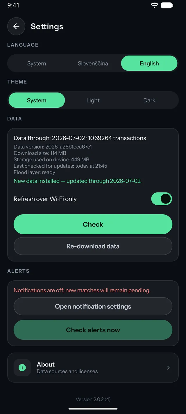 Settings showing the offline data status: over a million transactions stored on the device