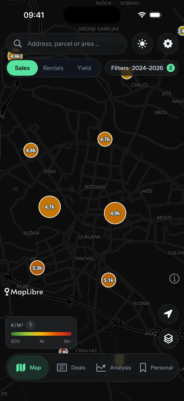 The Cenilko price map on iPhone with district clusters over Ljubljana