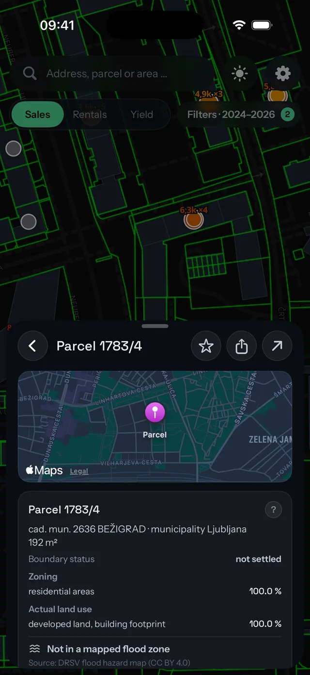 The identify sheet on iPhone with parcel zoning, flood and seismic notes