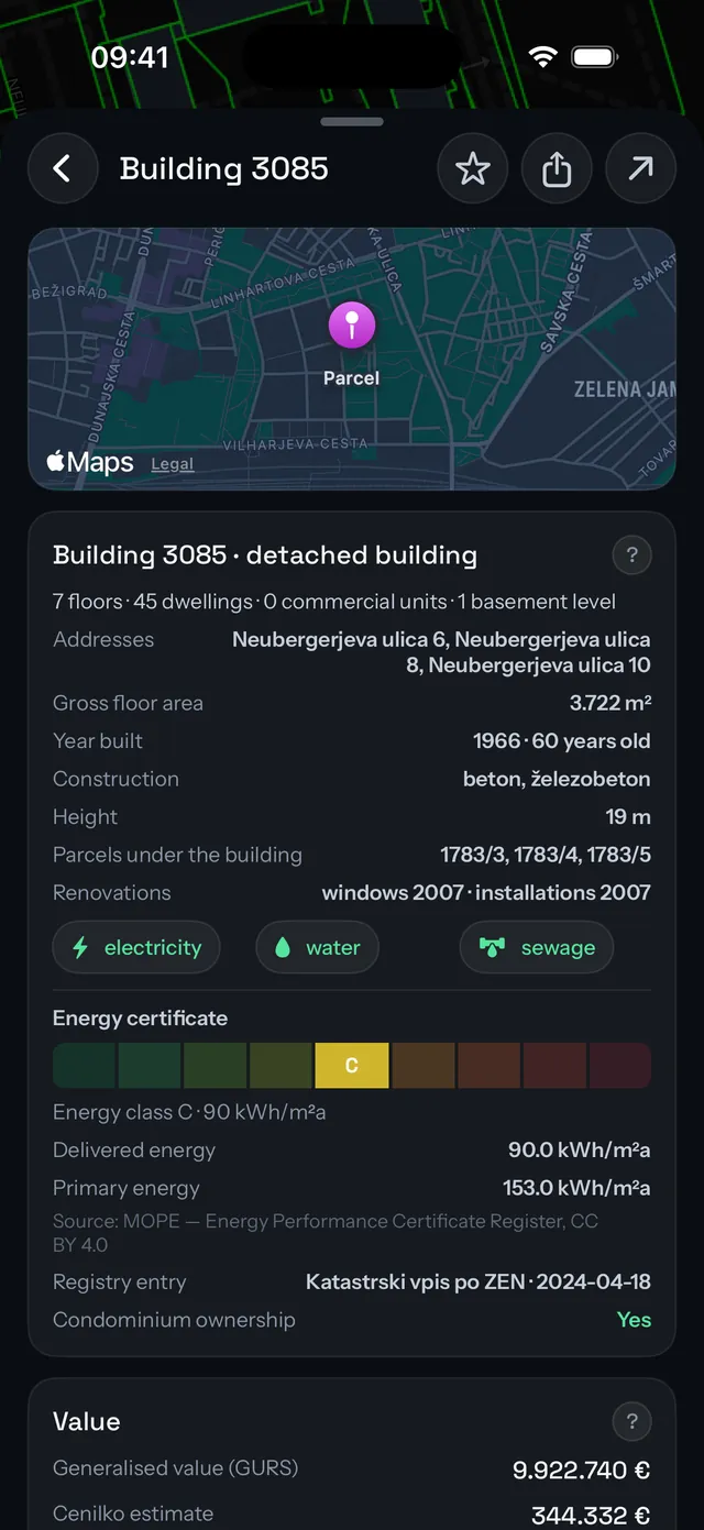 A building report on iPhone with the energy certificate and value