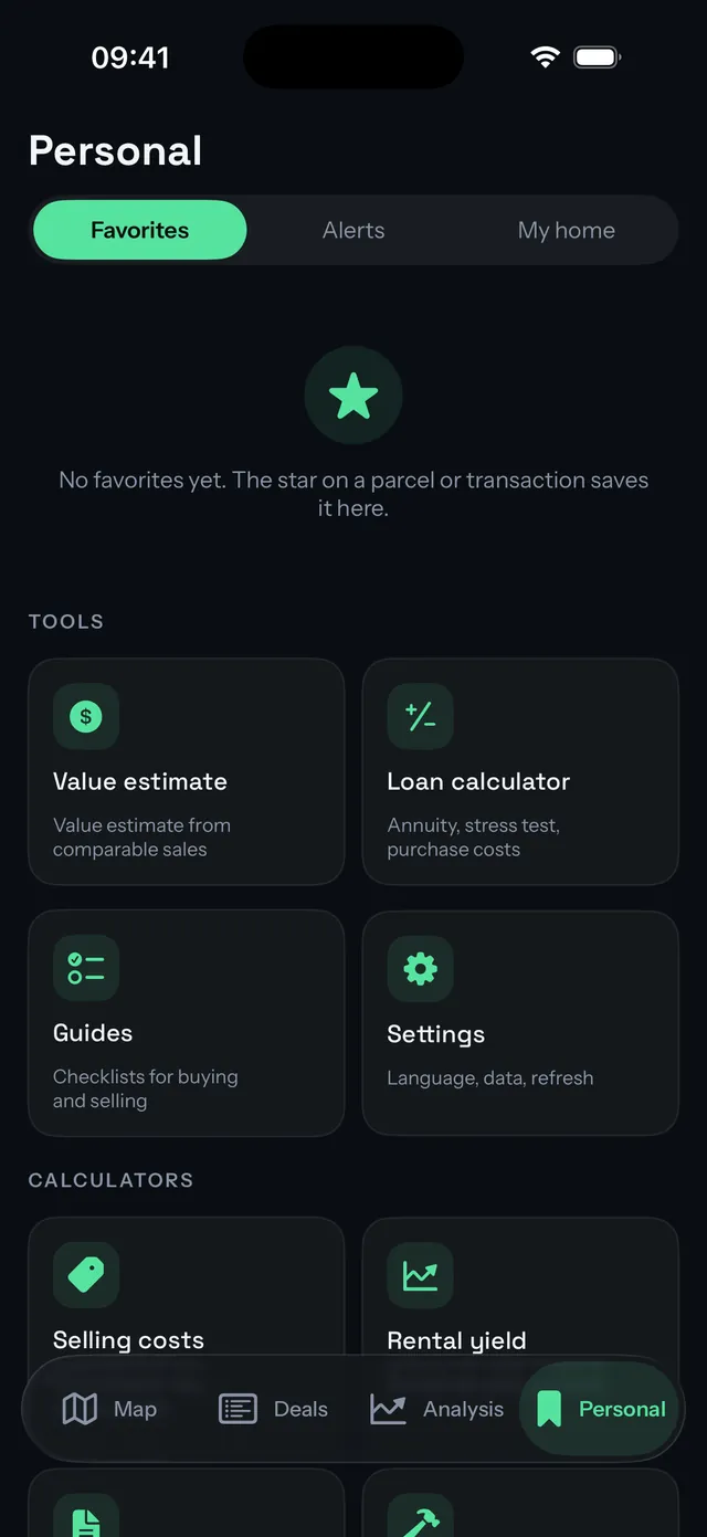 The Personal tab on iPhone with favourites, tools and calculators