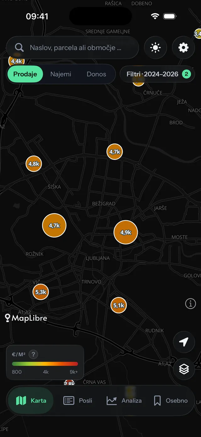 Zemljevid cen v aplikaciji Cenilko na iPhonu s skupinami poslov po ljubljanskih četrtih