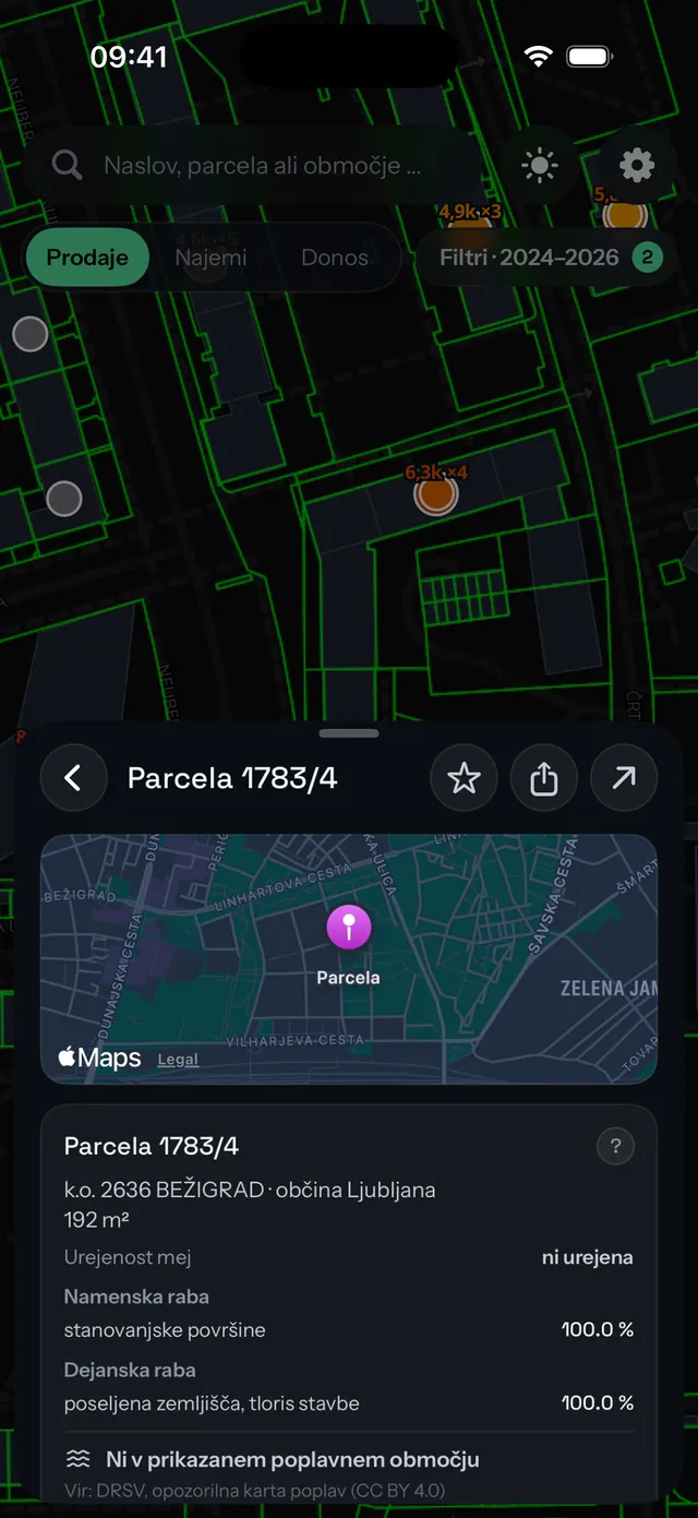 Podatki o parceli na iPhonu: namenska raba ter ocena poplavne in potresne nevarnosti