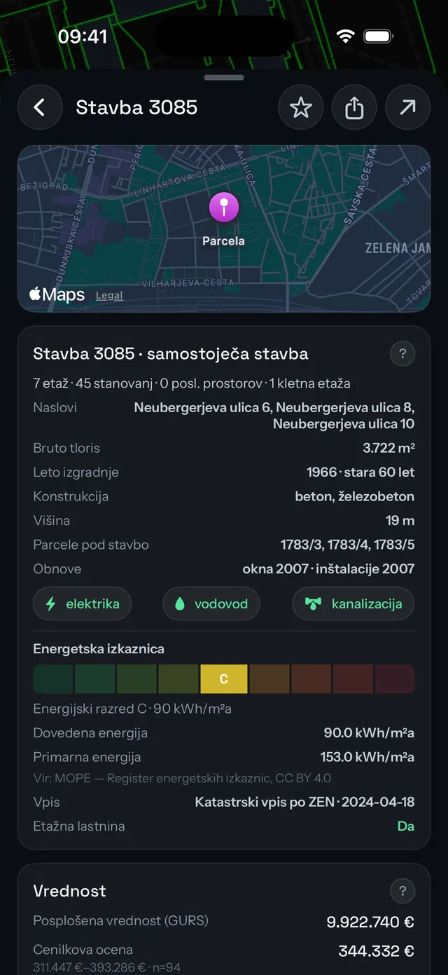 Poročilo o stavbi na iPhonu z energetsko izkaznico in vrednostjo