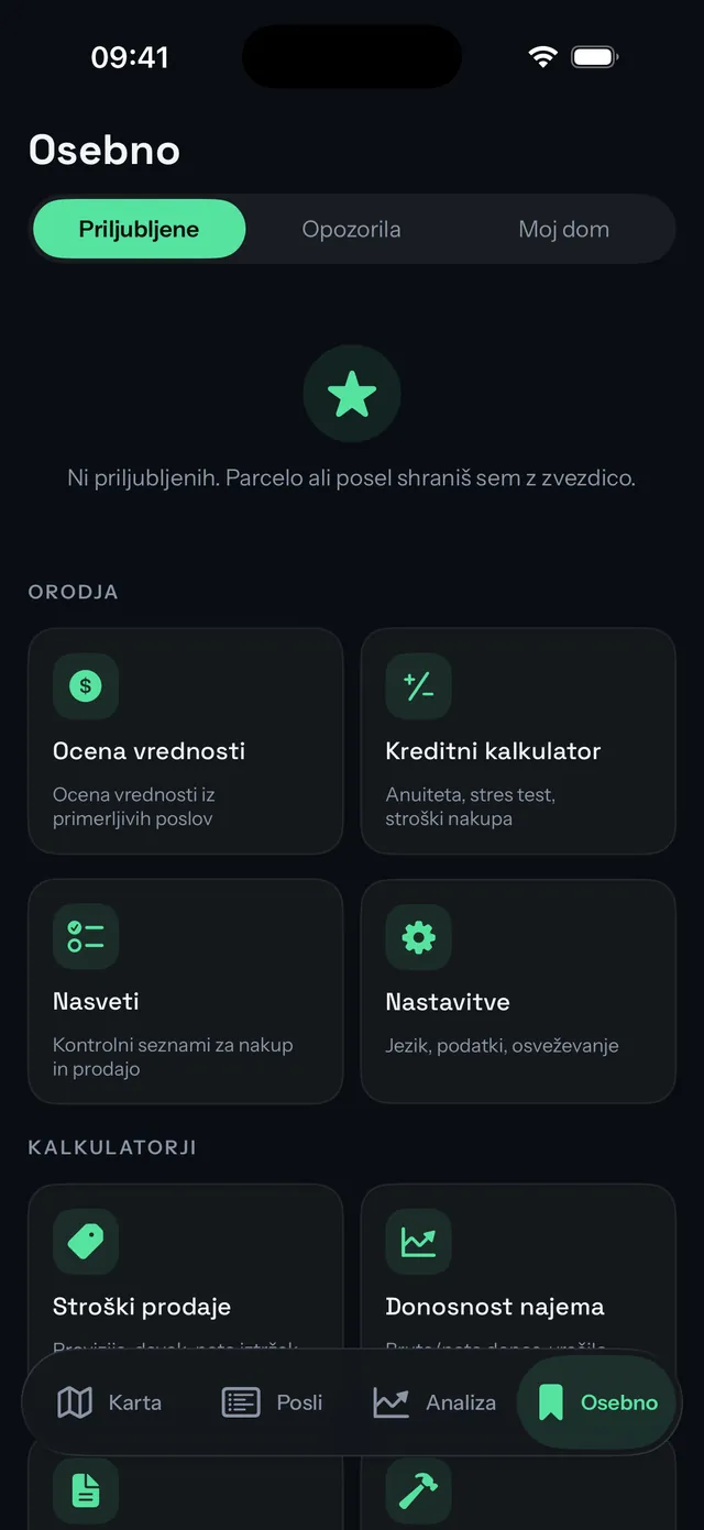Zavihek Osebno na iPhonu s priljubljenimi, orodji in kalkulatorji