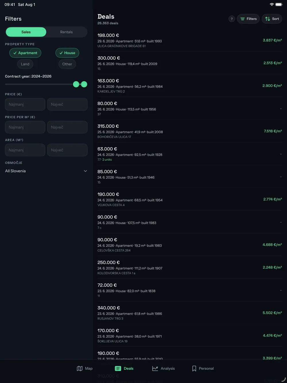 The Cenilko deal list on iPad with the filter sidebar open beside it