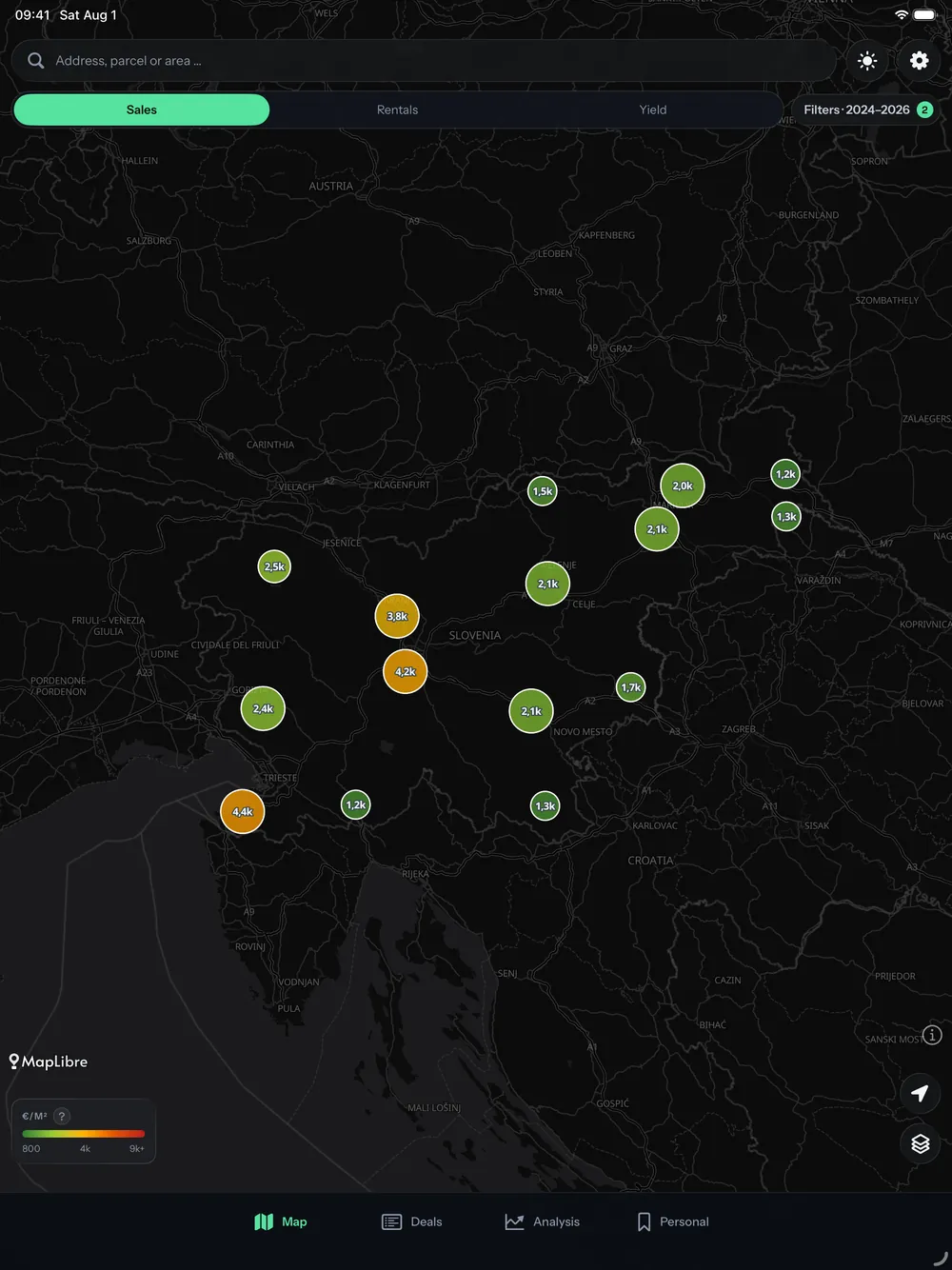 The Cenilko price map on a 13-inch iPad with the price-per-square-metre bubbles