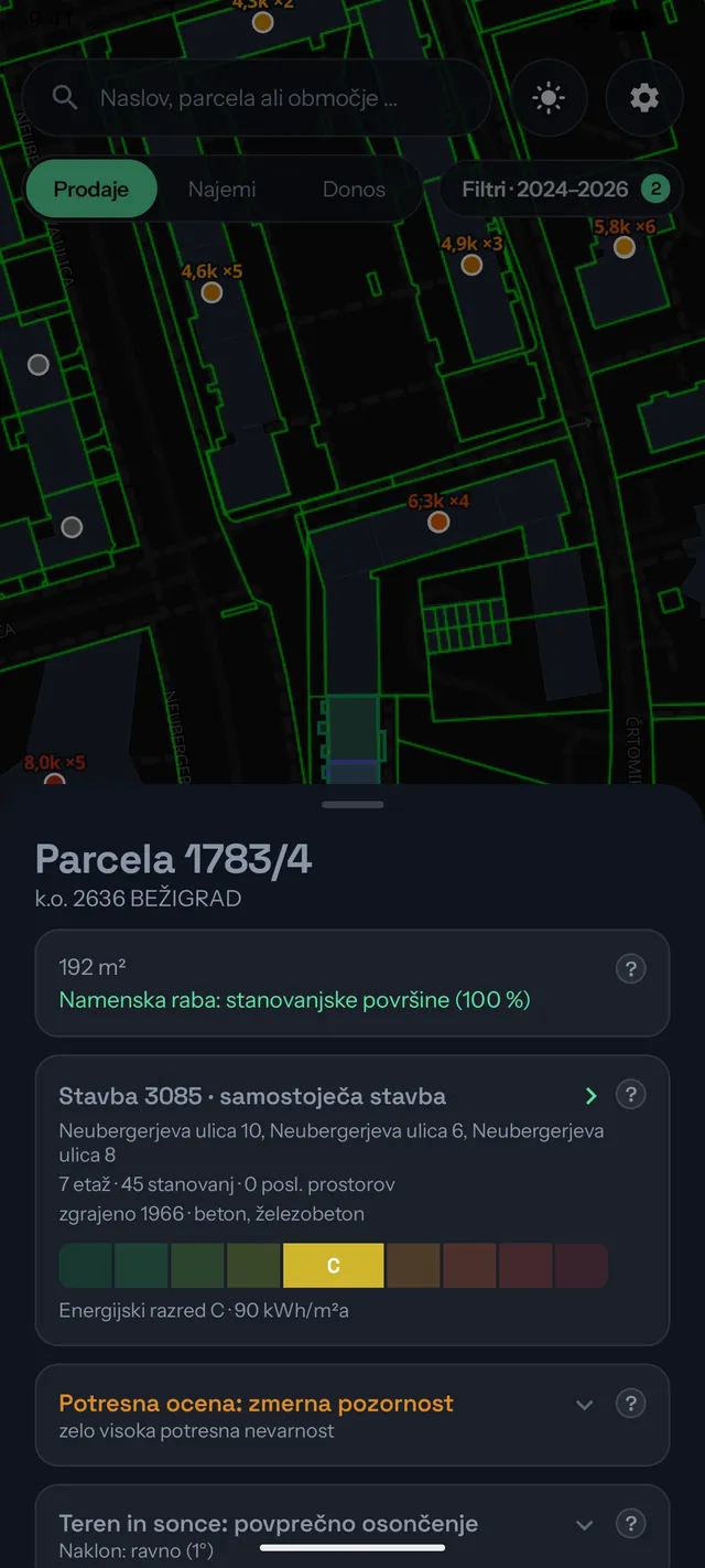 Podatki o izbrani stavbi: parcela, namenska raba, energetska izkaznica, potresna nevarnost in značilnosti terena
