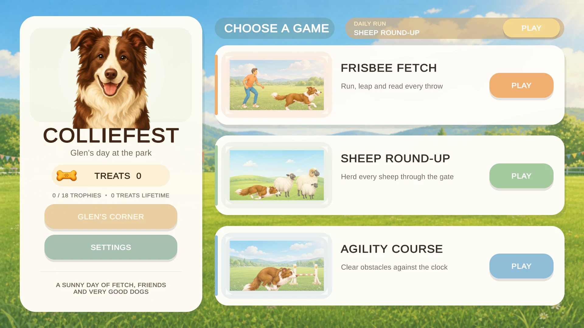 The CollieFest park menu with Glen and three mini games