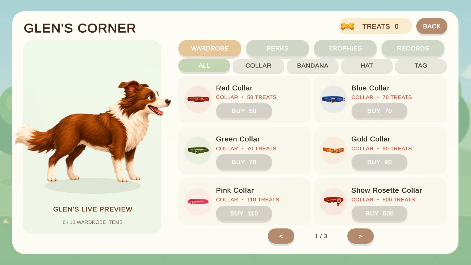Glen's Corner with outfits, perks and trophies earned with treats