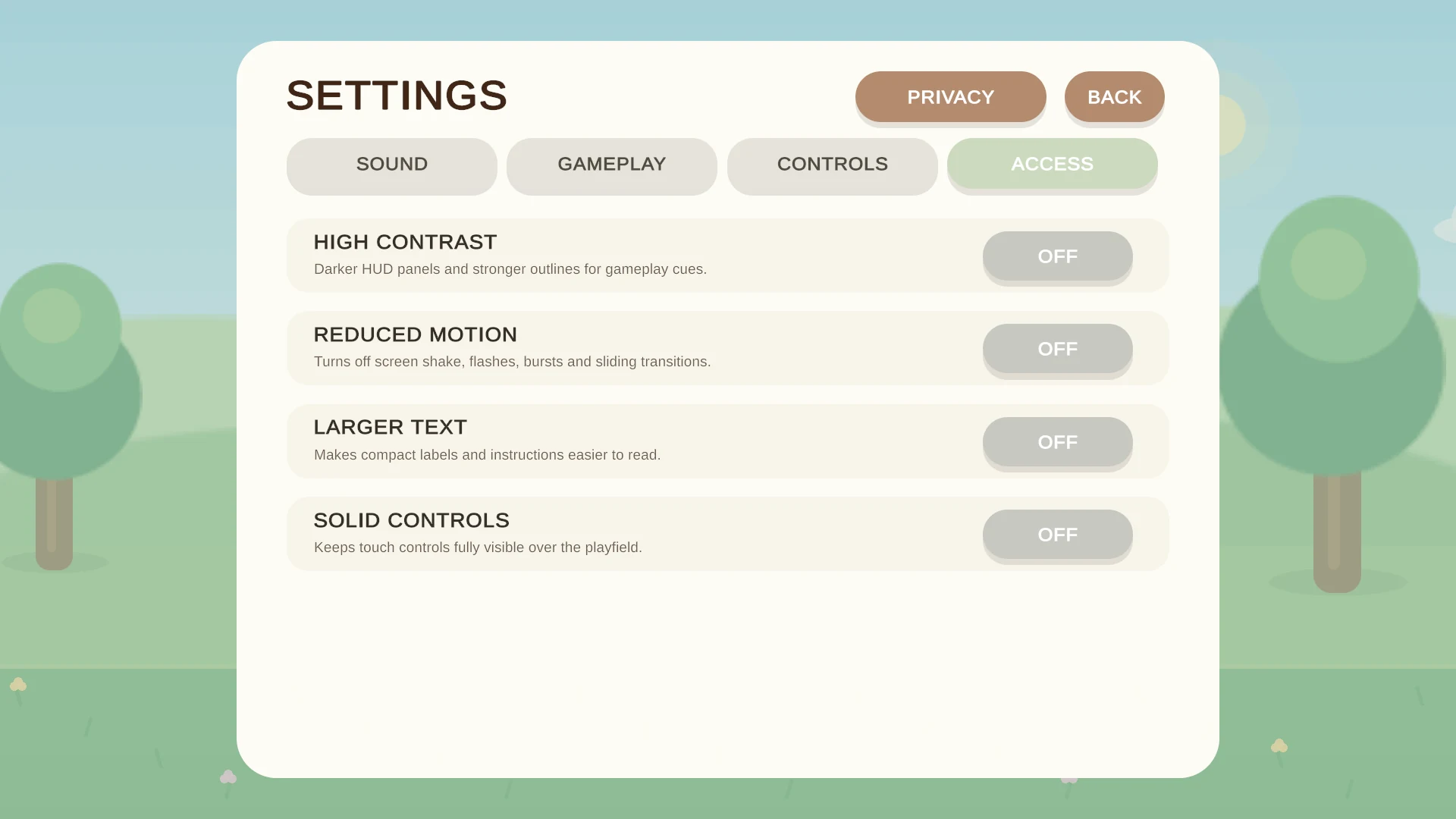 CollieFest accessibility settings for contrast, text, motion and controls