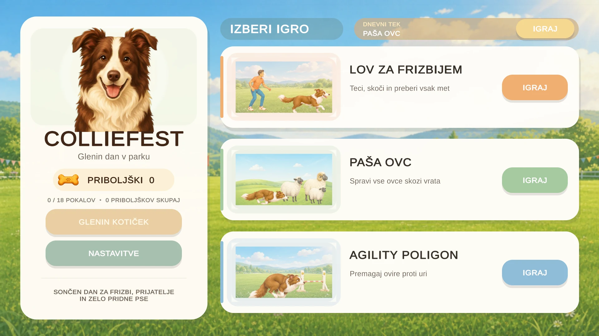 Park v igri CollieFest z Glenom in tremi mini igrami
