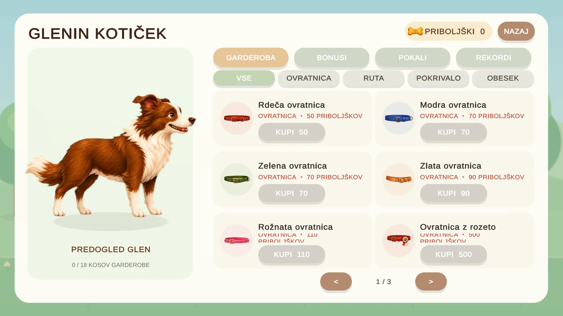 Glenov kotiček z opremo, bonusi in pokali za priboljške
