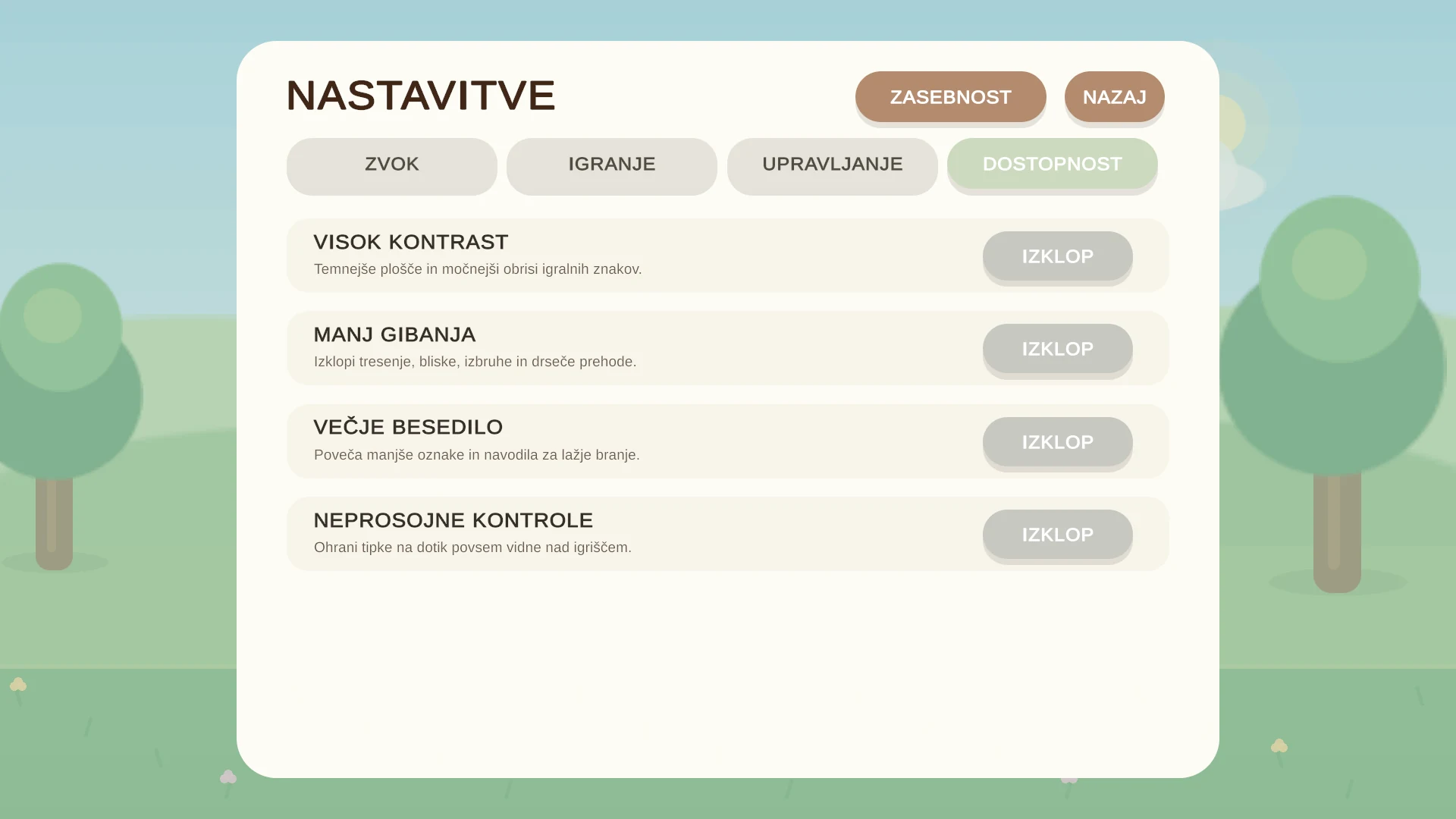 Nastavitve dostopnosti za kontrast, besedilo, gibanje in upravljanje