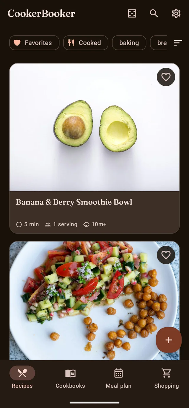 The CookerBooker recipe list with photos and tags