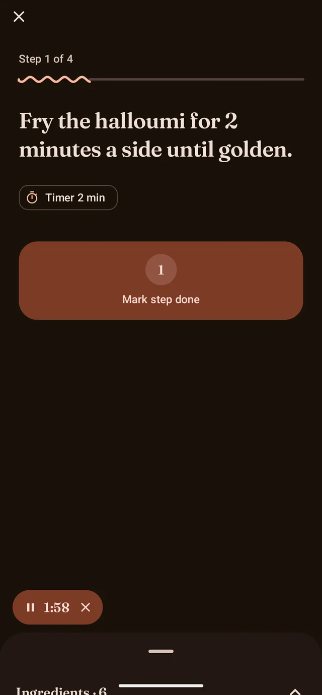 CookerBooker cook mode showing one step at a time with a timer