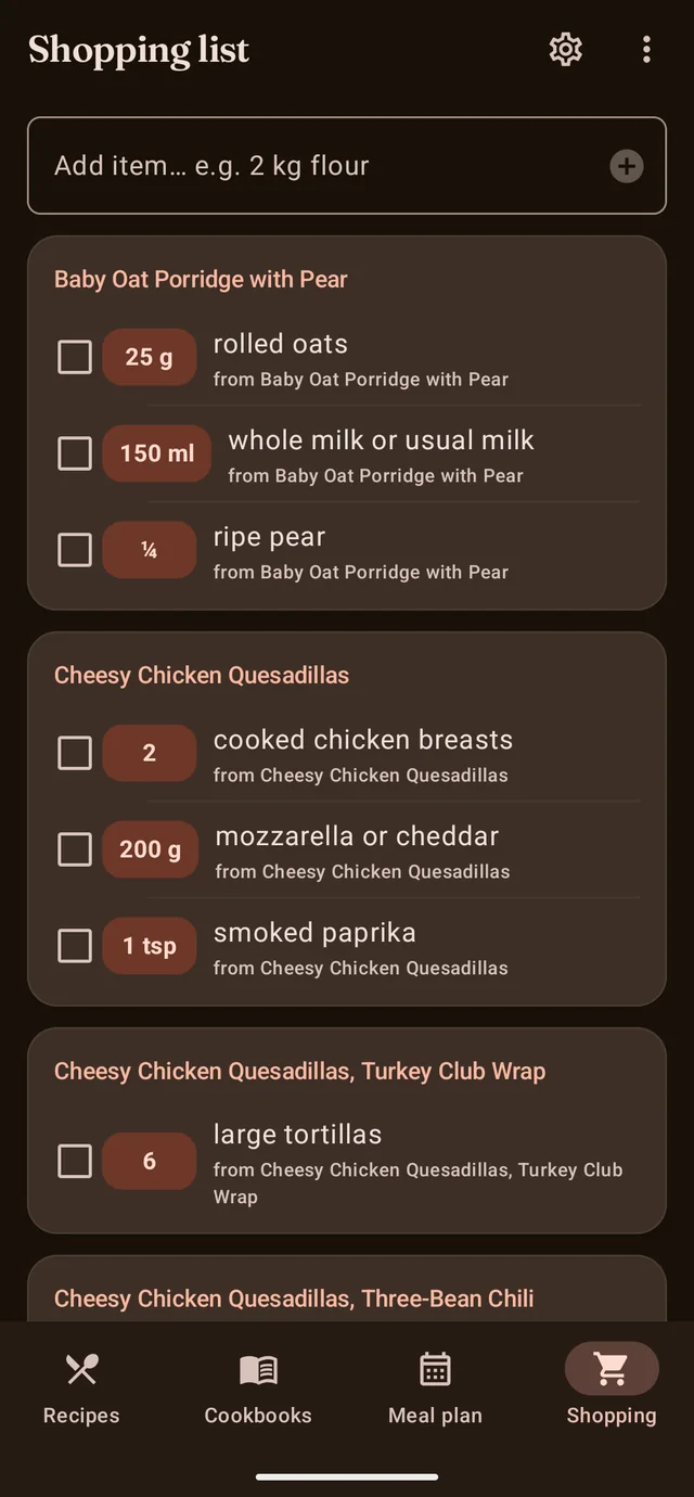 The CookerBooker shopping list combined by name and unit