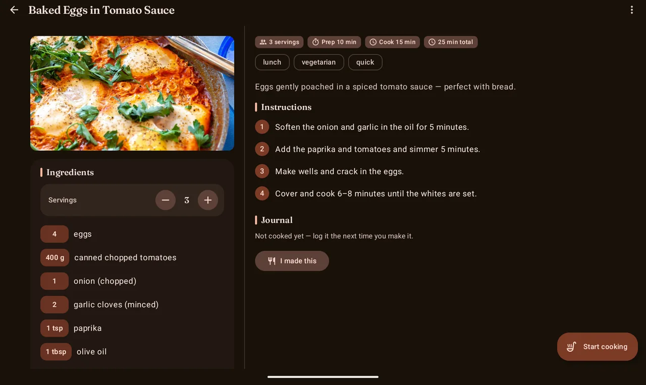 A recipe open on a tablet in landscape, with the photo and ingredients on the left and the method and journal on the right