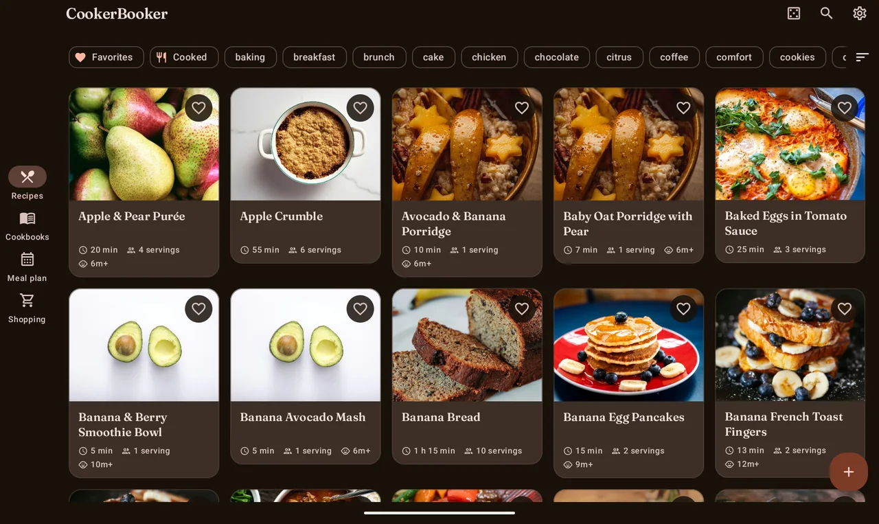 CookerBooker on a 10-inch tablet in landscape: a multi-column recipe grid with a navigation rail down the left