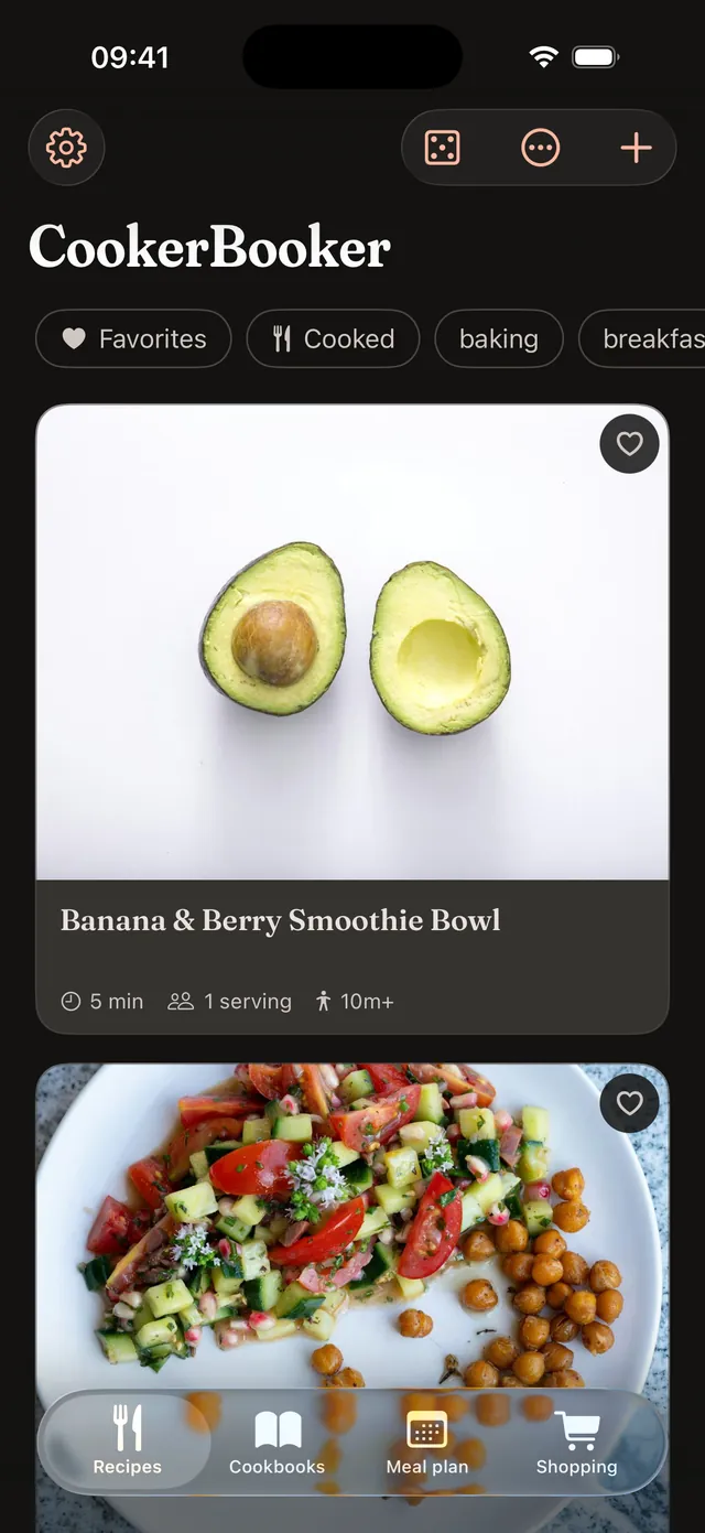 The recipe library on iPhone with photo cards and filter chips