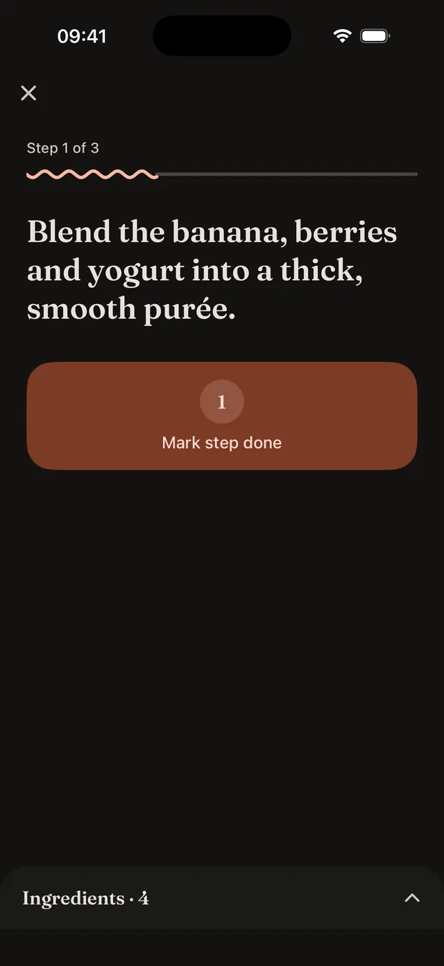 Cook mode on iPhone with one large step at a time