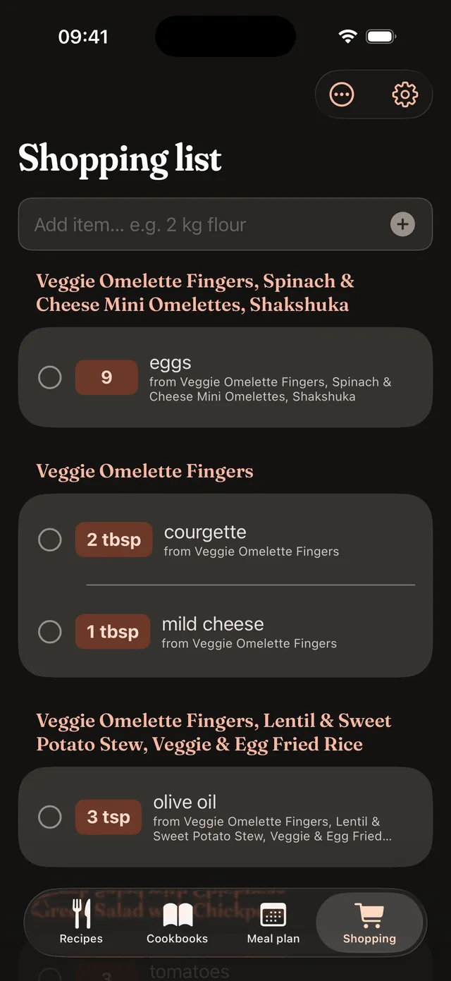 The shopping list on iPhone grouped by recipe