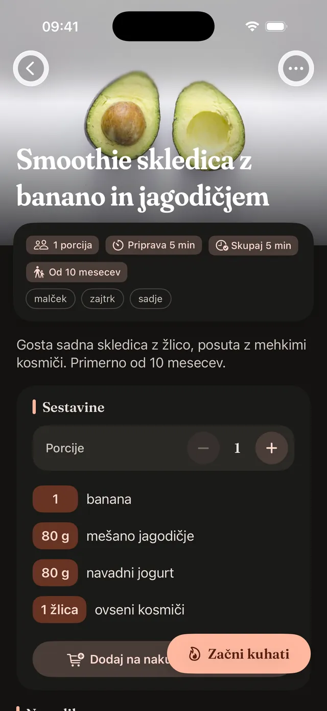 Recept na iPhonu s porcijami, sestavinami in gumbom Začni kuhati