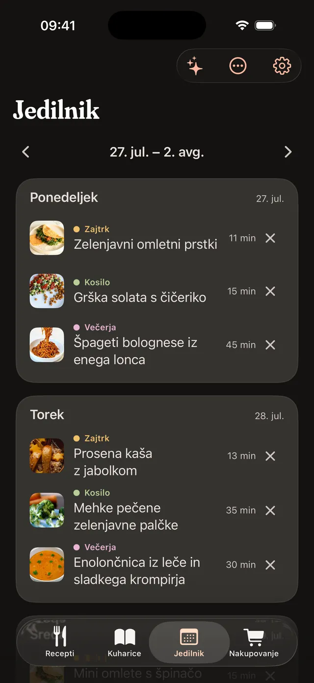 Tedenski jedilnik na iPhonu z zajtrkom, kosilom in večerjo