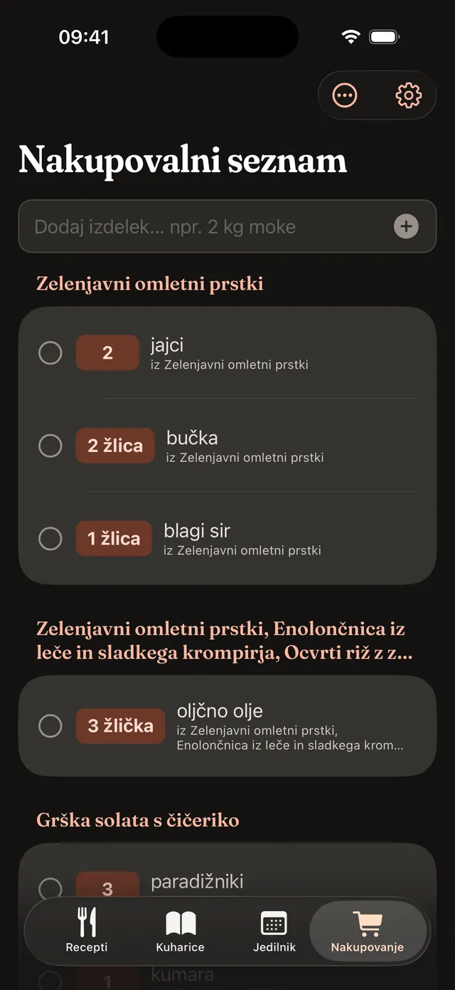 Nakupovalni seznam na iPhonu, urejen po receptih