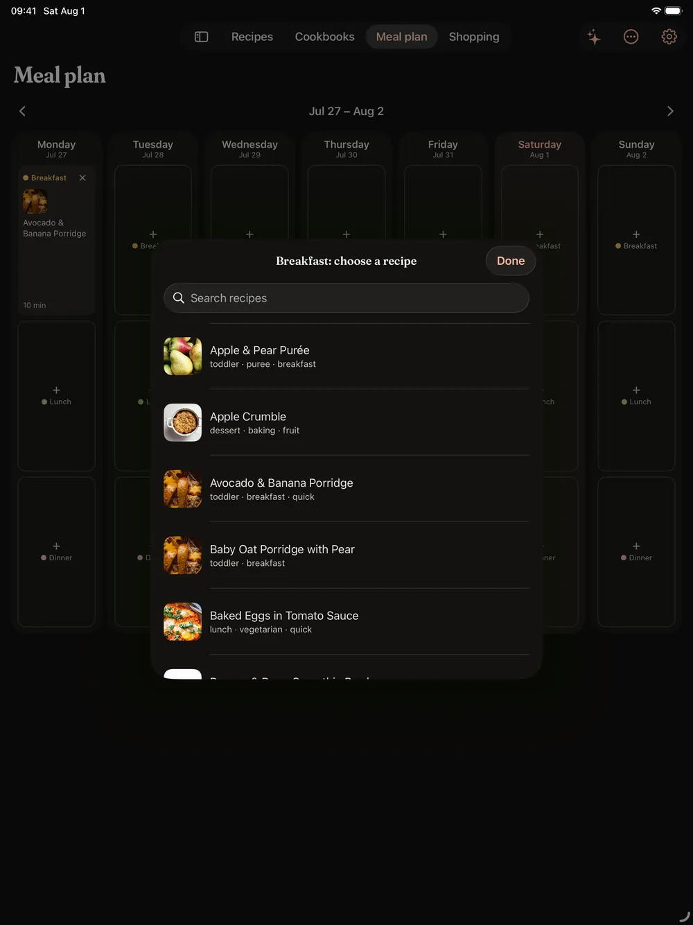The CookerBooker meal plan on iPad showing a full week as seven columns