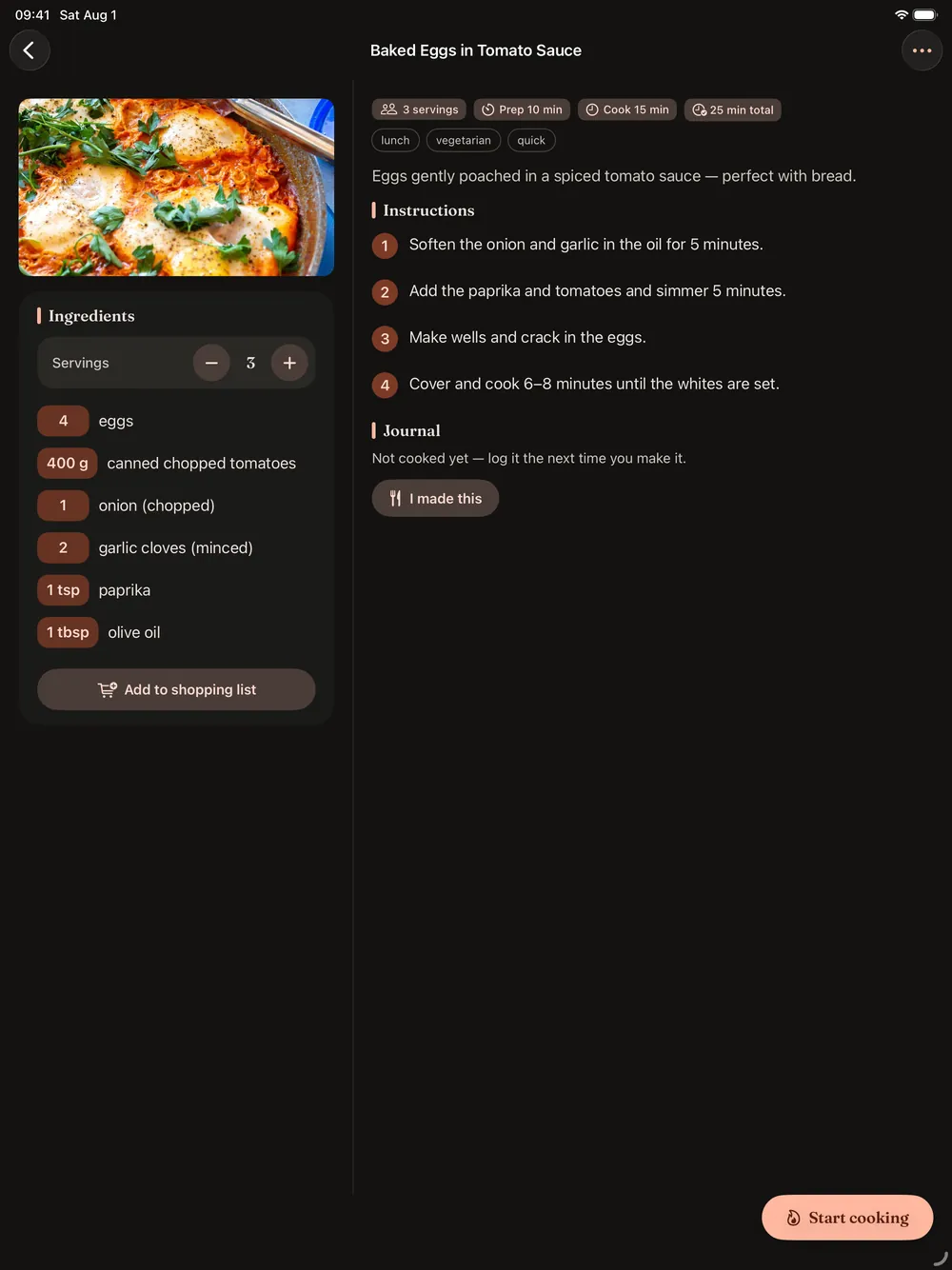 A CookerBooker recipe on iPad with the ingredients on the left and the method on the right