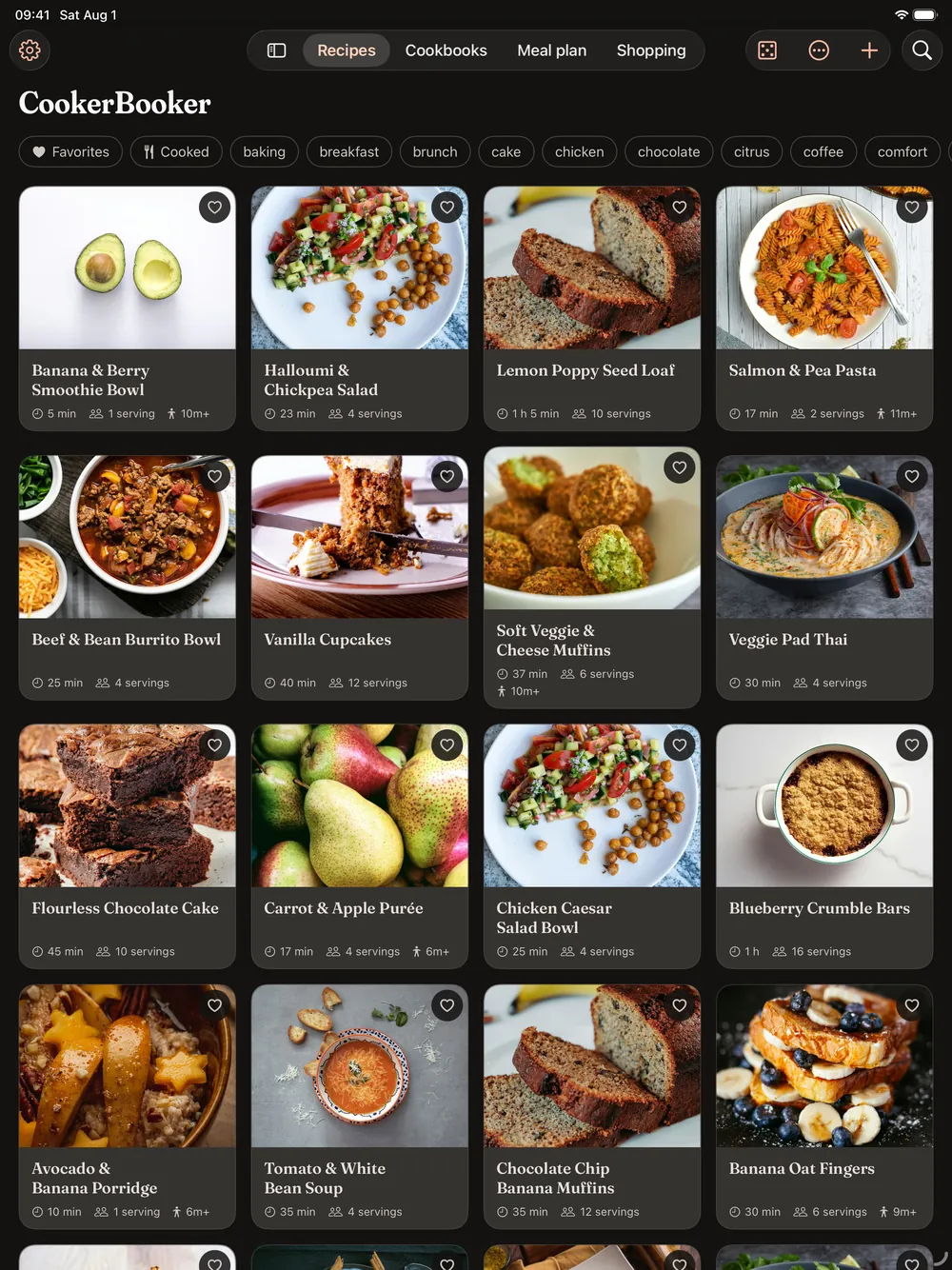 The CookerBooker recipe grid on a 13-inch iPad, four recipes wide