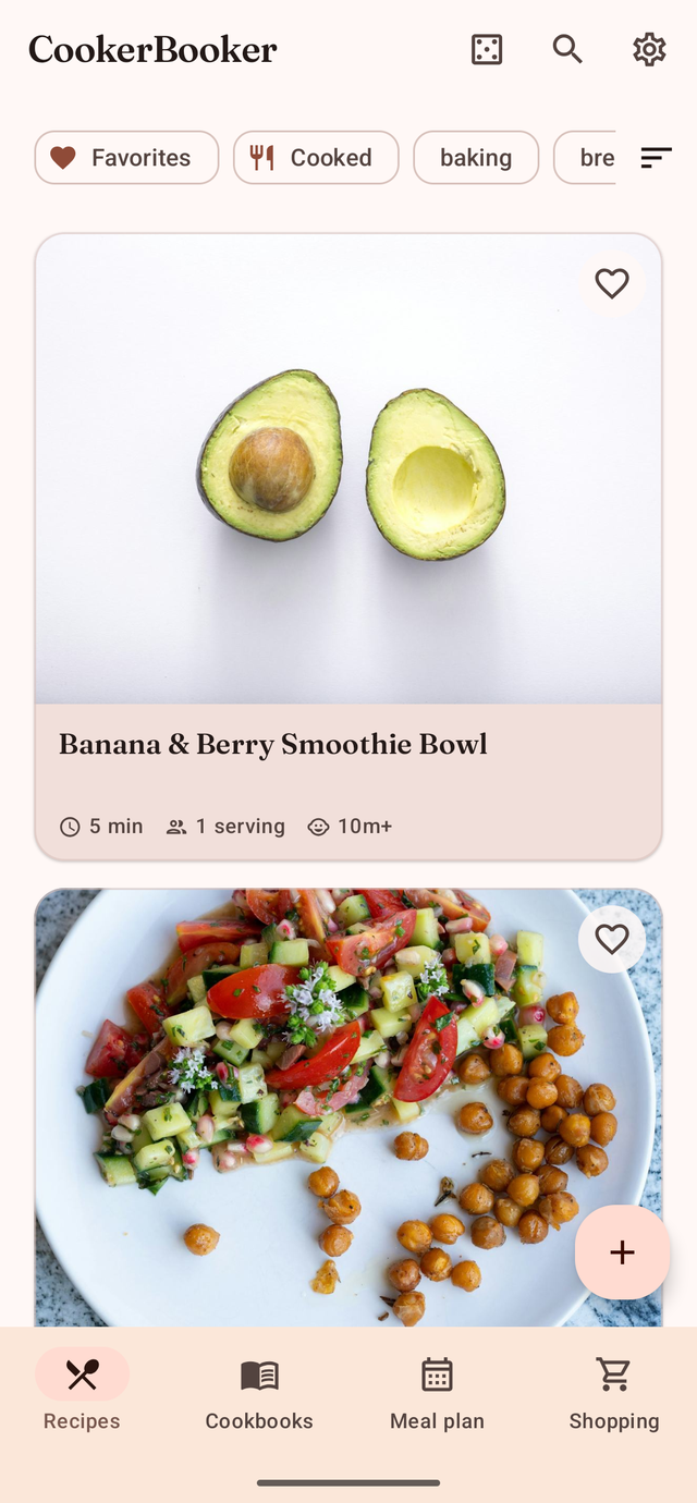 CookerBooker recipe list with large photo cards, filter chips and search