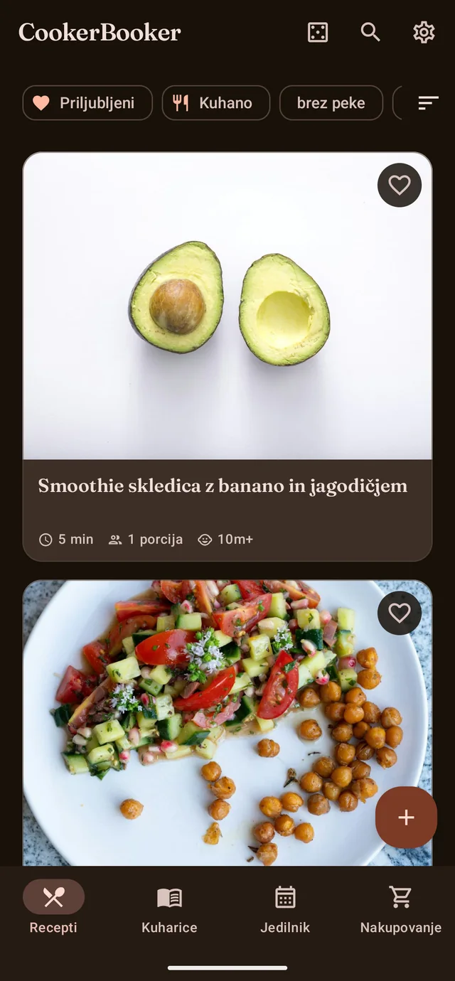 Seznam receptov v aplikaciji CookerBooker z velikimi fotografijami, filtri in iskanjem