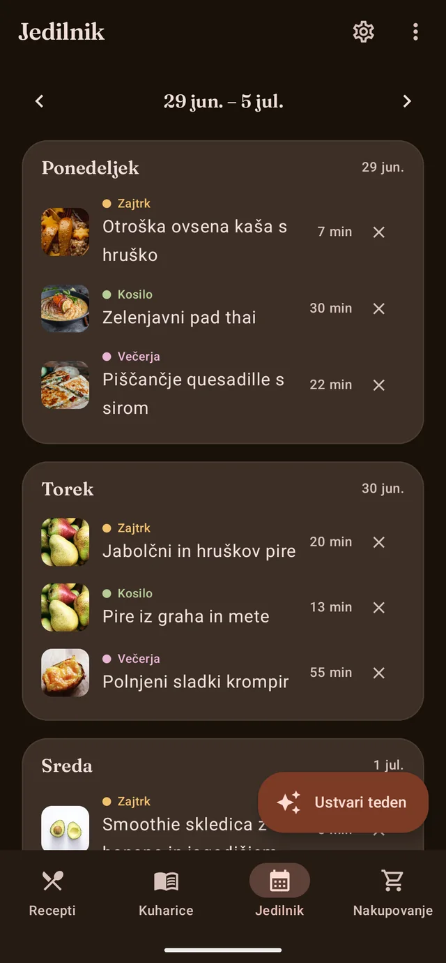 Tedenski jedilnik z zajtrkom, kosilom in večerjo za vsak dan