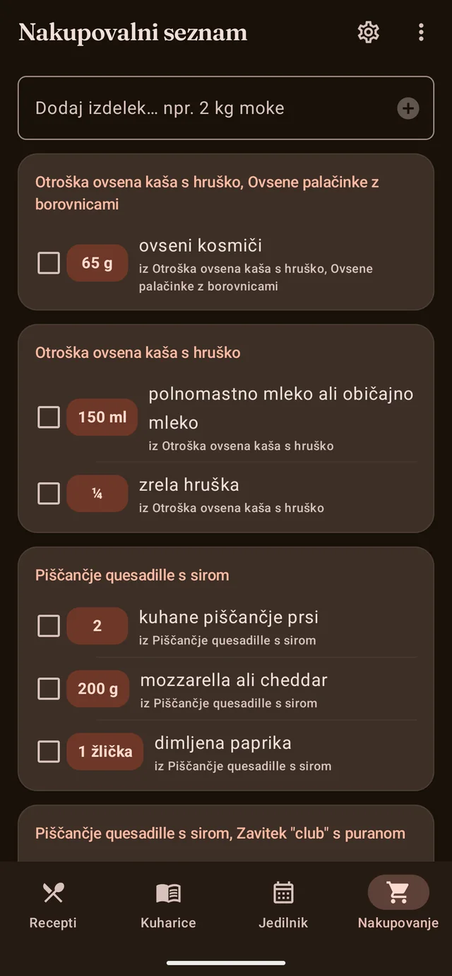 Nakupovalni seznam, razvrščen po receptih, s količinami in potrditvenimi polji
