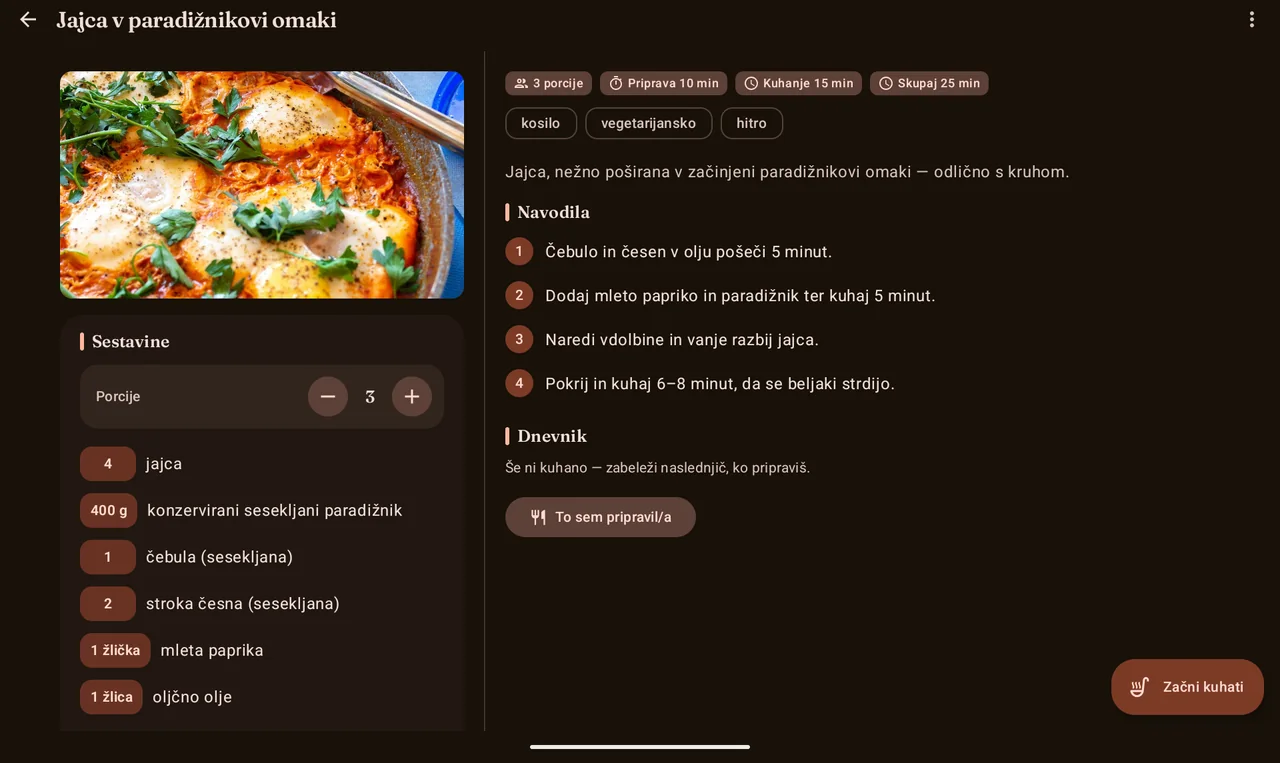 Recept, odprt na tablici v ležečem načinu, s fotografijo in sestavinami na levi ter postopkom in dnevnikom na desni