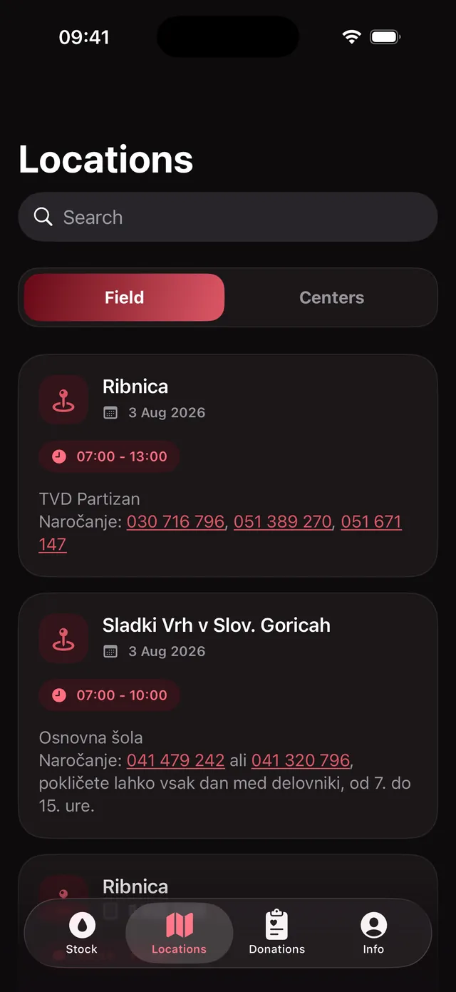 Donation drives and transfusion centres on iPhone in a searchable list