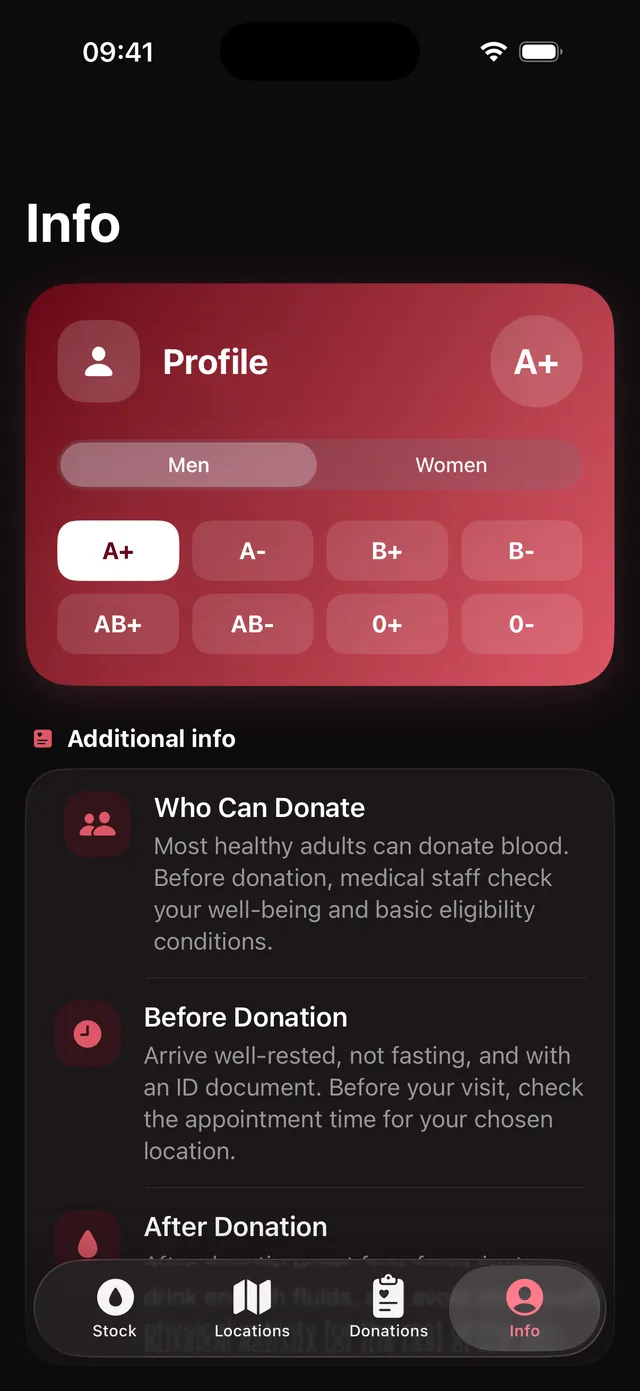 The Info tab on iPhone with the donor profile and guidance for donors