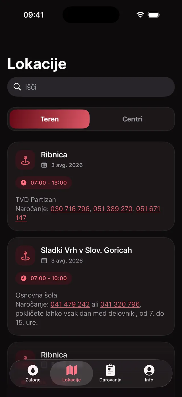 Terenske krvodajalske akcije in transfuzijski centri na iPhonu na seznamu z iskalnikom