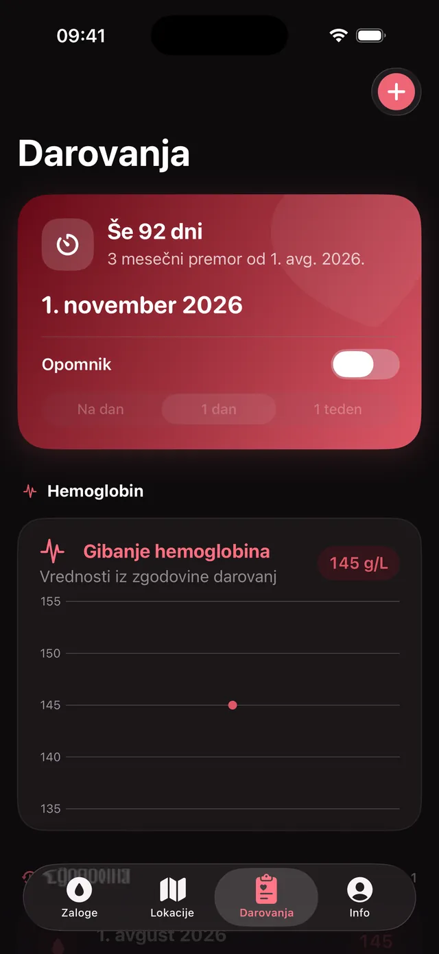 Dnevnik darovanj na iPhonu z odštevanjem do naslednjega darovanja in grafom hemoglobina