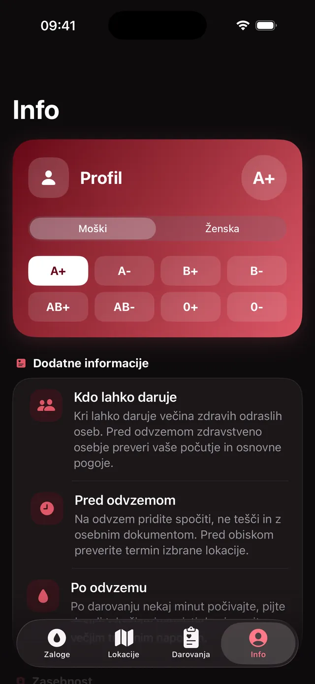 Zavihek Info na iPhonu s profilom krvodajalca in napotki