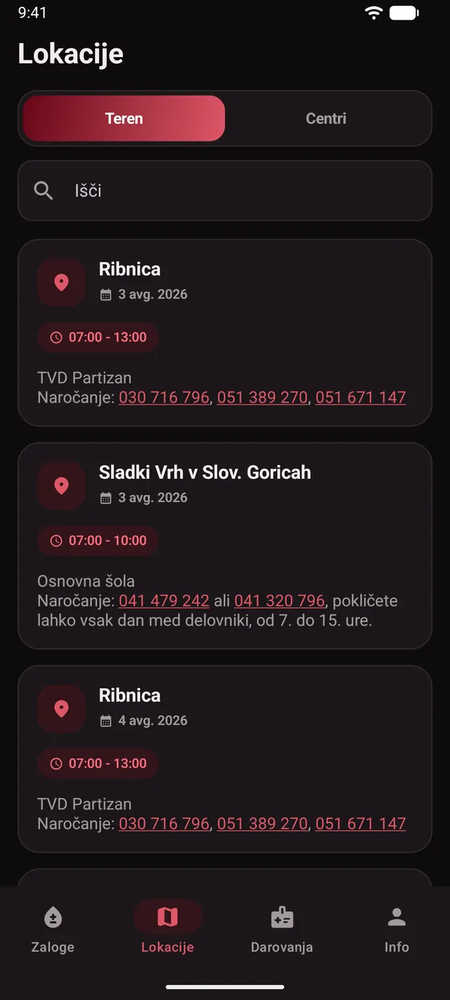 Krvodajalske akcije in transfuzijski centri na seznamu z iskanjem in priljubljenimi