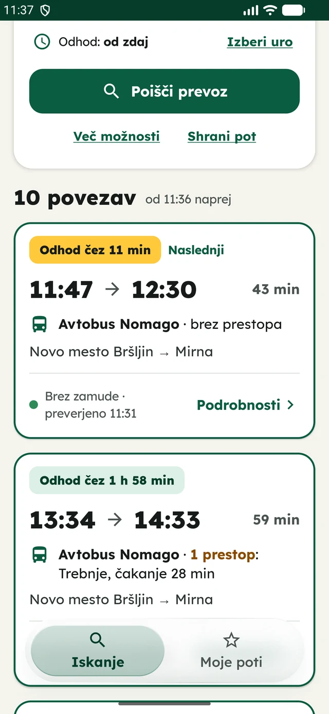 Gremo bus journey results on Android
