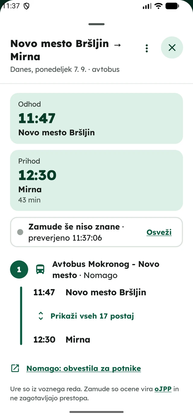 Journey details with stops, operator and delay information