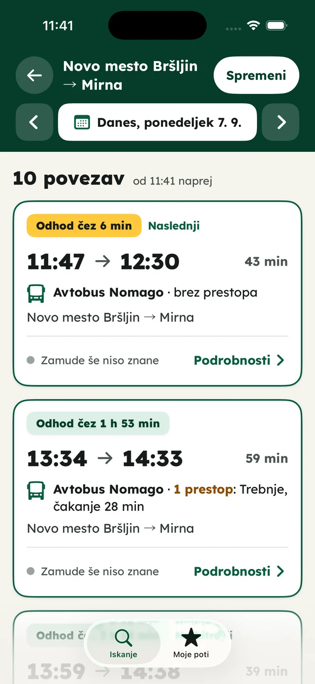 Gremo bus journey results on iPhone
