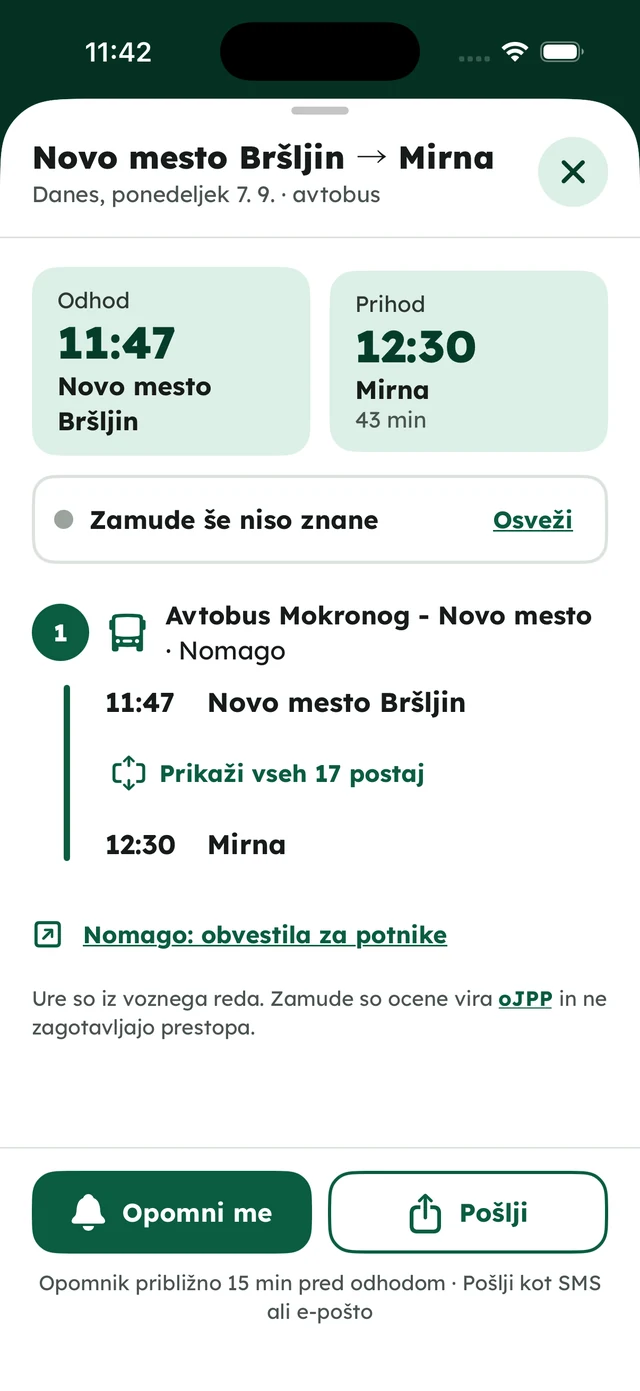 Journey details with a departure reminder on iPhone