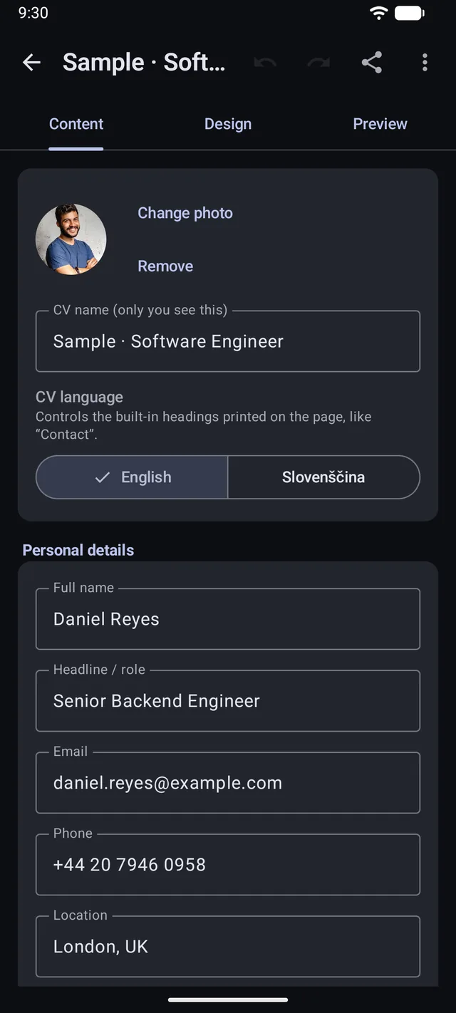 Editing CV content section by section in KeptCV