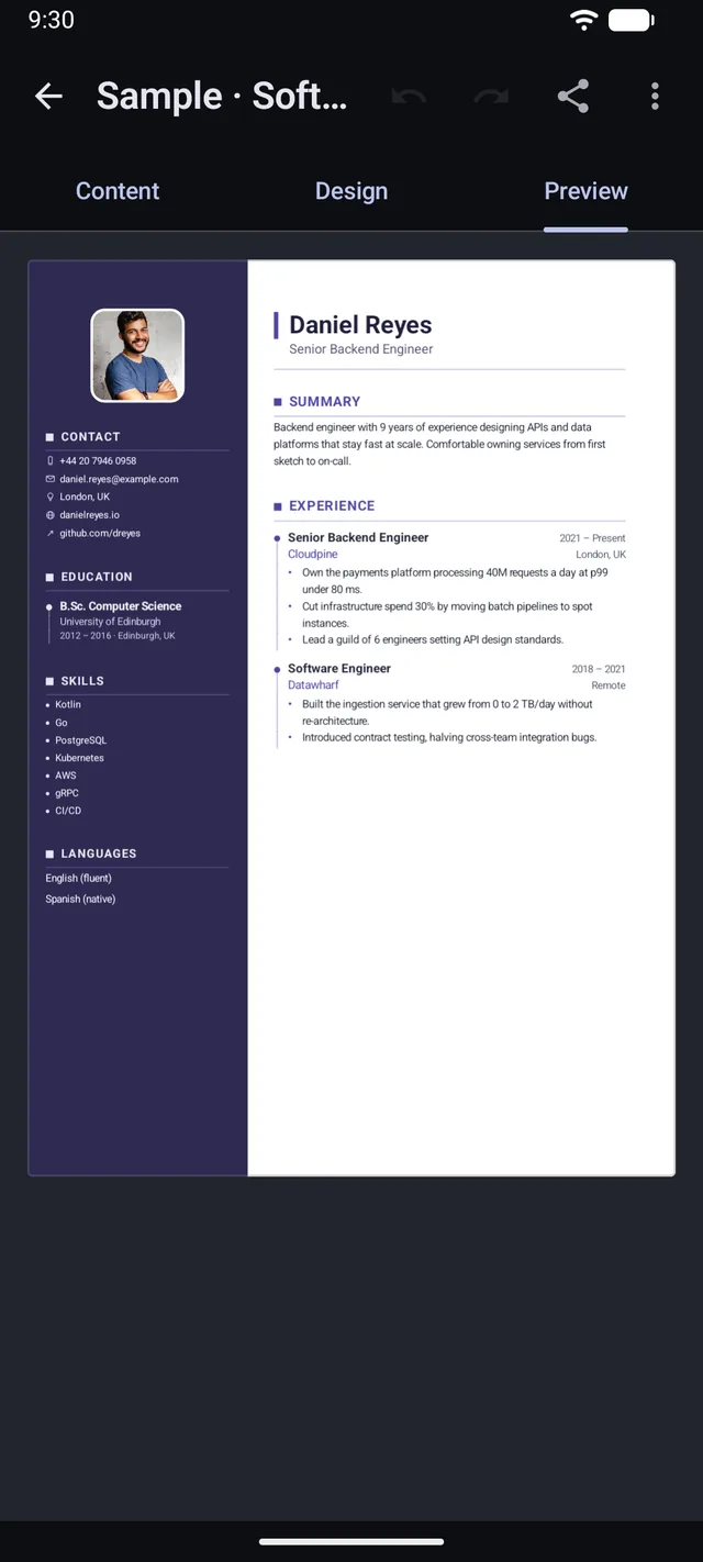 KeptCV live preview of a finished CV page