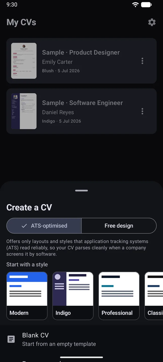 The KeptCV theme picker with designer templates